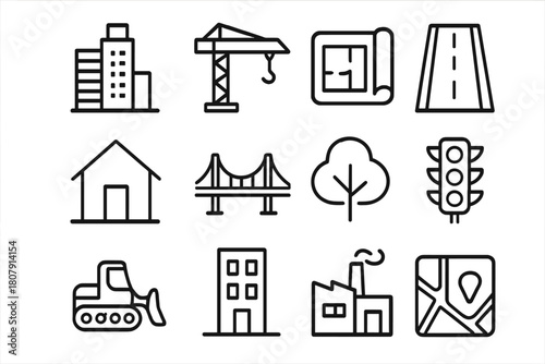 Urban Icon Collection. Urban development. Line icon set of Urban development: skyscraper, construction crane, blueprint, road, house, bridge, tree, traffic