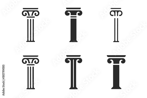 Stylized Column Logos. Slim columns. Icon set. Set Logo of slim columns: tall structure silhouette. harmonious logo variations of the same emblematic concept,