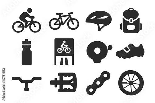 Leisure Ride Icons. Leisure Ride. Solid icon set of Leisure Ride: rider, bicycle, helmet, backpack, water bottle, bike lane, bell, cycling shoes, handlebars,