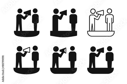 Director-Actor Logo Variations. A director giving feedback to an actor on their performance. Icon set. Set Logo of a director giving feedback to an actor on