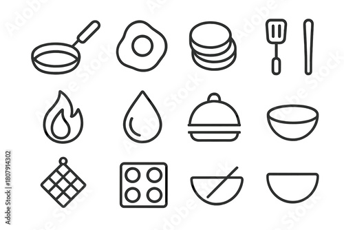 Cooking Icons Grid. Cooking pair. Line icon set of Cooking pair: two people, chef hat, apron, frying pan, mixing bowl, spatula, knife, chopping board, pot,