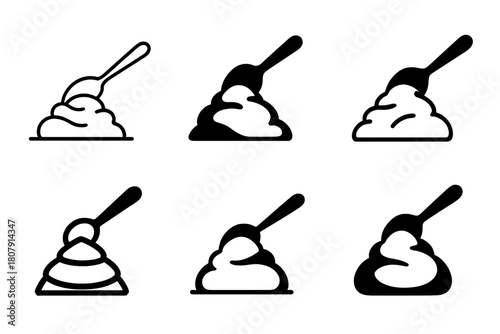 Mashed Potato Logos. Mashed potato mound. Icon set. Set Logo of mashed potato mound: serving spoon scooping mashed potatoes. harmonious logo variations of the
