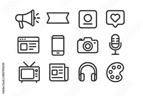 Media Icons Grid. Media identity. Line icon set of Media identity: logo, social media icon, website, banner, paint palette, TV, newspaper, smartphone, camera,