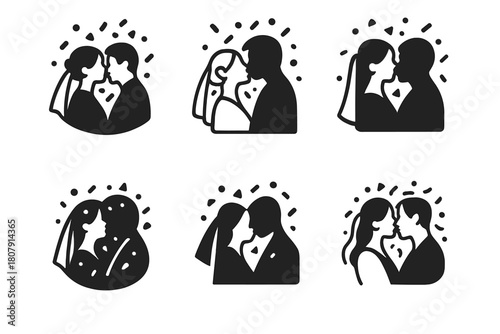 Wedding Kiss Logos. Wedding Kiss Under Confetti. Icon set. Set Logo of Wedding Kiss: couple surrounded by falling confetti shapes. harmonious logo variations