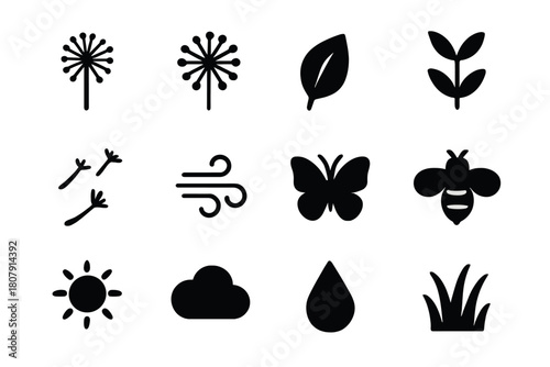 Botanical Icons Grid. Botanical elements. Solid icon set of Botanical elements: dandelion, seed puff, leaf, stem, seeds, wind, butterfly, bee, sun, cloud, dew
