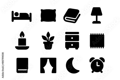 Peaceful Sleep Icons. Peaceful sleep. Solid icon set of Peaceful sleep: bed, pillow, blanket, lamp, candle, plant, nightstand, rug, book, curtain, moon, alarm