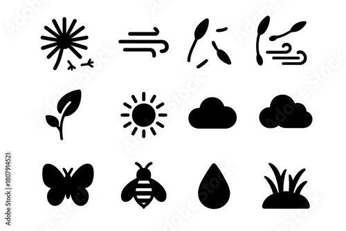 Wind Dispersal Icons. Wind dispersal. Solid icon set of Wind dispersal: dandelion seed puff, seeds, wind, stem, leaf, sun, cloud, butterfly, bee, dew drop,