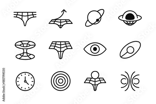 Space-Time Icon Set. Space-time curvature. Line icon set of space-time curvature: gravity grid, curved arrow, planet bending light, black hole, wormhole ring,