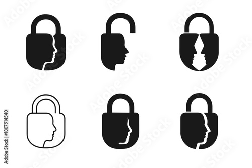 Facial Recognition Logos. Facial recognition. Icon set. Set Logo of facial recognition: camera lens with face aperture motif. harmonious logo variations of the