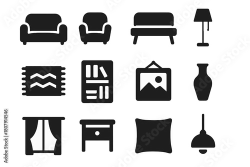Monochrome Decor Icons. Monochrome Decor. Solid icon set of Monochrome Decor: sofa, armchair, coffee table, floor lamp, rug, bookshelf, wall art, vase,