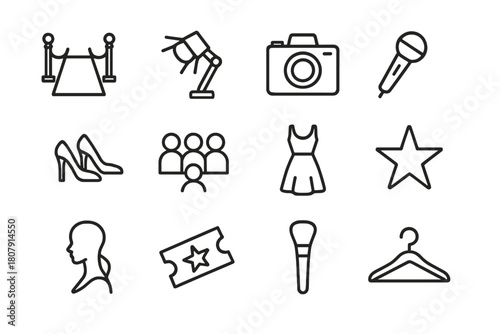 Fashion Show Icons. Fashion show. Line icon set of fashion show: runway, spotlight, camera, microphone, high heels, audience, dress, star, model silhouette,
