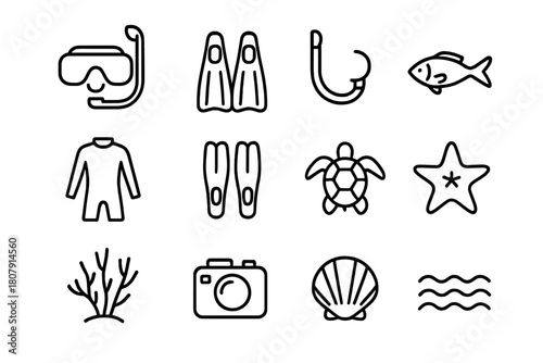 Snorkeling Icon Set. Snorkeling adventure. Line icon set of Snorkeling adventure: snorkel mask, fins, snorkel tube, wetsuit, flippers, fish, coral, sea turtle,