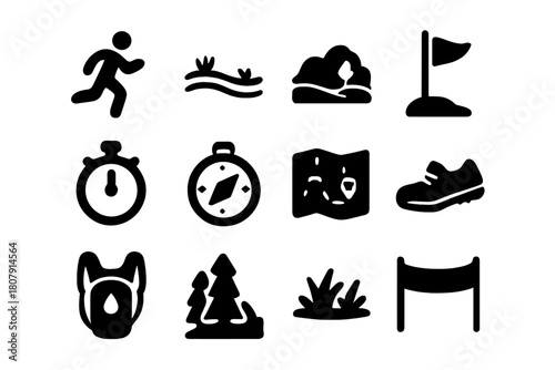 Cross-Country Icons Set. Cross-country running. Solid icon set of Cross-country running: runner, field, hills, flag, stopwatch, compass, map, shoes, hydration