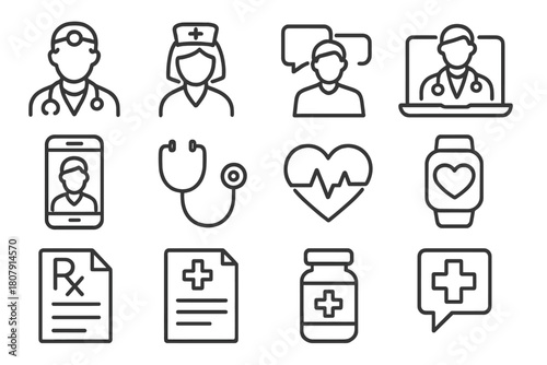 Virtual Doctor Icons. Virtual doctor visit. Line icon set of virtual doctor visit: doctor, nurse, video call, laptop, smartphone, stethoscope, heart monitor,