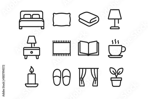 Bedroom Comfort Icons. Bedroom Comfort. Line icon set of Bedroom Comfort: bed, pillow, blanket, lamp, nightstand, rug, book, cup, candle, slippers, curtain,