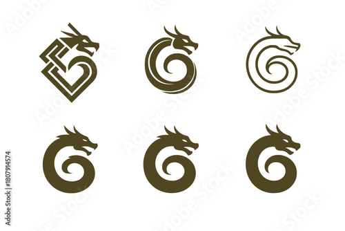 Mythic Dragon Icons. Mythology stories. Icon set. Set Logo of mythology stories: serpent dragon. harmonious logo variations of the same emblematic concept,