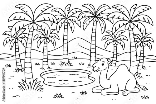 Desert Oasis Coloring. Palm oasis in the desert children?s coloring book illustration, outlined drawing, palm trees surrounding a small pond with a camel