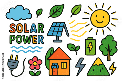 Solar Power Doodle. Solar Power. Colorful Hand-drawn doodle Children illustration Solar Power solar panel, sun, rays, house, battery, plug, cloud, leaf, light