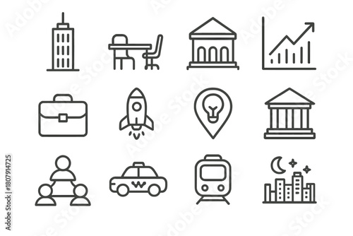 Economic Icons Set. Economic hubs and business districts. Line icon set of economic hubs and business districts: office tower, coworking desk, conference
