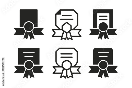 Award Certificate Logos. End-of-year award certificate. Icon set. Set Logo of End-of-year award certificate: Trophy cup with ribbon. harmonious logo variations