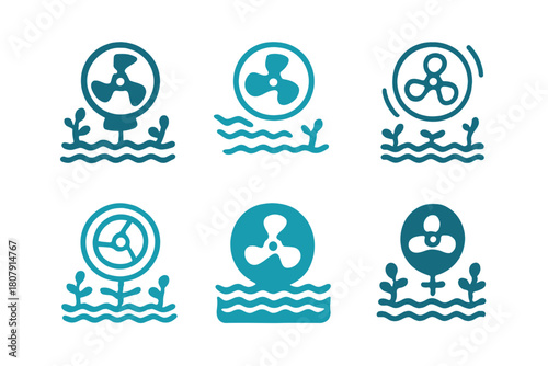 Algal Bloom Control Icons. Algal bloom control. Icon set. Set Logo of algal bloom control: filtration net. harmonious logo variations of the same emblematic
