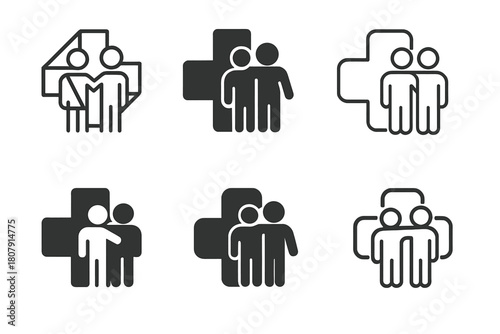 Medical Cross Icons. Taking a friend to the doctor. Icon set. Set Logo of Taking a friend to the doctor: Medical cross symbol. harmonious logo variations of