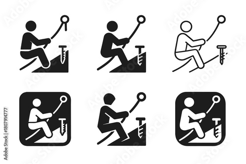 Ice Climbing Logos. Ice climbing. Icon set. Set Logo of ice climbing: cramponed boot front-pointing into ice. harmonious logo variations of the same emblematic