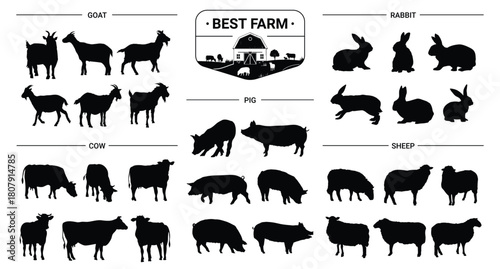 Farm animal silhouette set. Farming animals, sheep, rabbits, pigs, cows and goats. Isolated silhouette icon vector collection