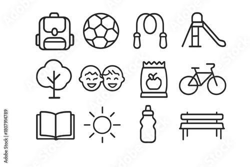 After School Icon Set. After School Activities. Line icon set of After School Activities: reading, drawing, music, ball, chess, notebook, backpack, smile,