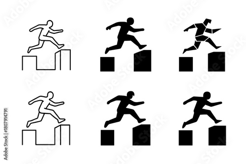 Parkour Logo Variations. Urban parkour. Set Logo of Urban parkour: rooftop leap silhouette. harmonious logo variations of the same emblematic concept, each