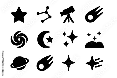 Black Astronomy Icons. Astronomy. Solid icon set of Astronomy: star, constellation, telescope, comet, galaxy, crescent moon with star, sparkles, night sky,
