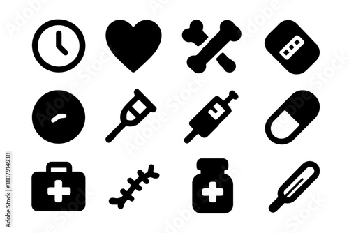 Slow Recovery Icons. Slow recovery. Solid icon set of Slow recovery: clock, heart, broken bone, bandage, wound, crutch, syringe, pill, first aid kit, scar,