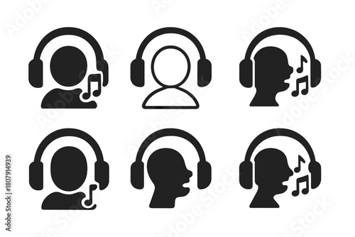 Audition Icons Set. Auditions and casting calls for singers. Icon set. Set Logo of Headphones: Listening to audition. Flat solid, Iconic shape, Minimal