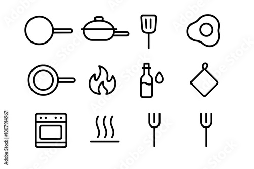 Frying Pan Icons. Frying Pan Handle. Line icon set of frying pan handle: frying pan, handle, lid, spatula, egg, pancake, flame, oil bottle, pot holder, stove,