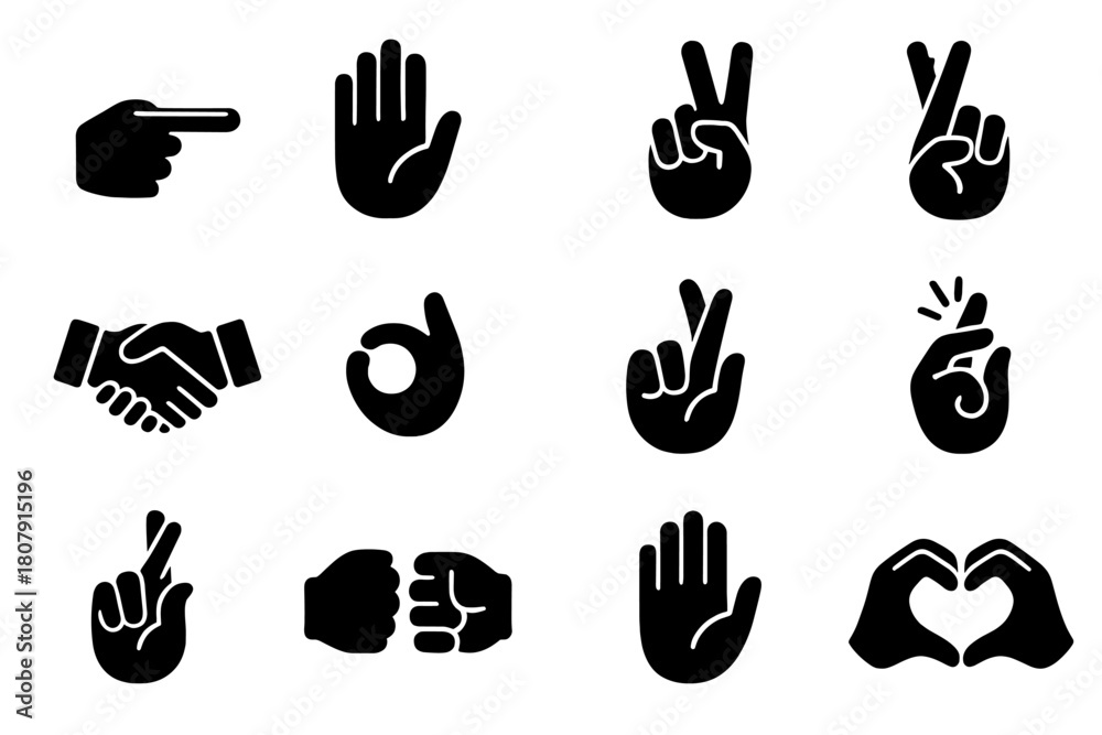 Fototapeta premium Gesture Icon Set. Gesture icons for communication. Solid icon set of Gesture icons for communication: pointing finger, open hand, thumbs up, peace sign,