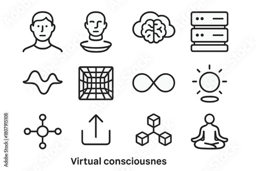 Virtual Consciousness Icons. Virtual consciousness. Line icon set of virtual consciousness: avatar face, floating hologram, brain in cloud, server rack, data