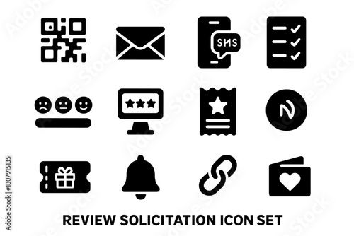 Review Solicitation Icons. Review Solicitation. Solid icon set of Review Solicitation: QR code, email invite, SMS message, survey form, feedback emoji scale,