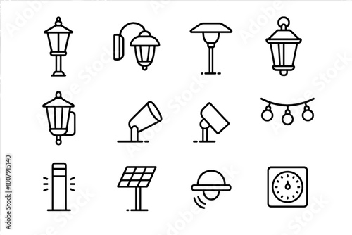 Outdoor Lighting Icons. Placing outdoor lighting for added curb appeal. Line icon set of placing outdoor lighting for added curb appeal: garden lamp, wall