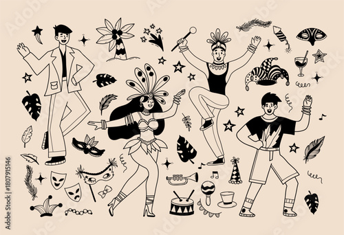 Carnival Dancers Celebration Doodle. Theatrical Party, Masquerade, Festive, Masks, Musical instruments, and fireworks. Isolated Outline Hand-drawn scribble. Vector Illustration. Not AI