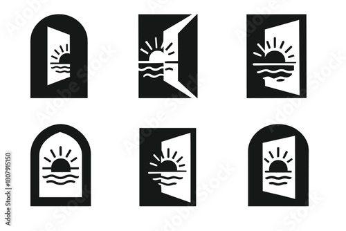 Migrant Rights Logos. Migrant rights. Icon set. Set Logo of Migrant Rights: open door leading to a brighter horizon. harmonious logo variations of the same
