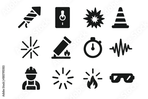 Pyrotechnic Icons Display. Pyrotechnics show. Solid icon set of Pyrotechnics show: rocket, control switch, explosion icon, spark lines, launch tube, safety
