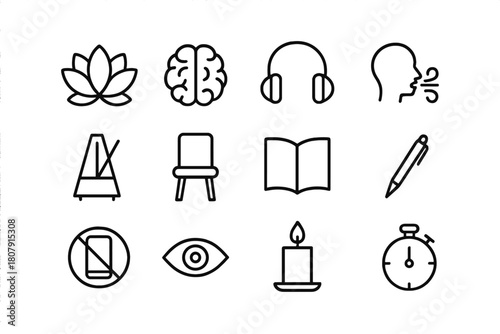 Mindfulness Icon Set. Mindfulness and focus. Line icon set of mindfulness and focus: lotus flower, brain, headphones, breath icon, metronome, chair, journal,