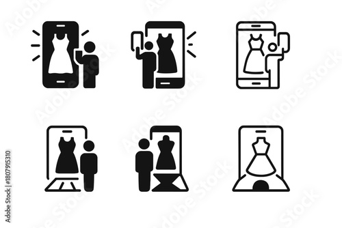 Augmented Fashion Icons. Augmented reality fashion. Icon set. Set Logo of augmented reality fashion: digital fitting room with 3D projection. harmonious logo
