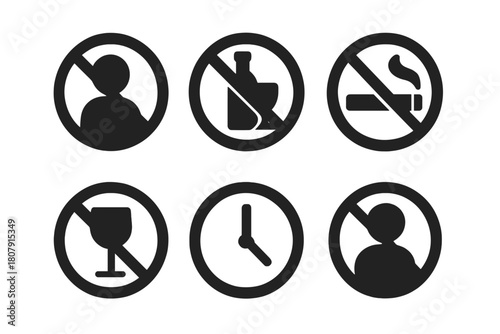 Curfew Icon Set. Restrictions. Icon set. Set Logo of Curfew: Clock with line across. Negative space, Symmetrical form, Flat solid, Minimal outline, Iconic