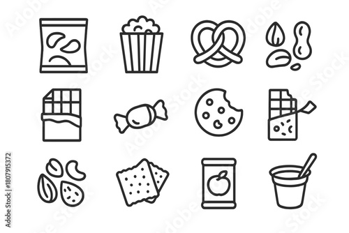 Snack Icon Set. Snacks. Line icon set of Snacks: chips, popcorn, pretzel, nuts, chocolate bar, candy, cookie, granola bar, trail mix, crackers, fruit bar,