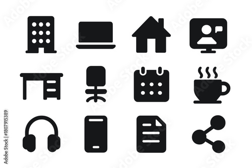 Hybrid Work Icon Set. Hybrid and remote work. Line icon set of hybrid and remote work: laptop with video call, webcam, wifi, headset mic, home desk, office
