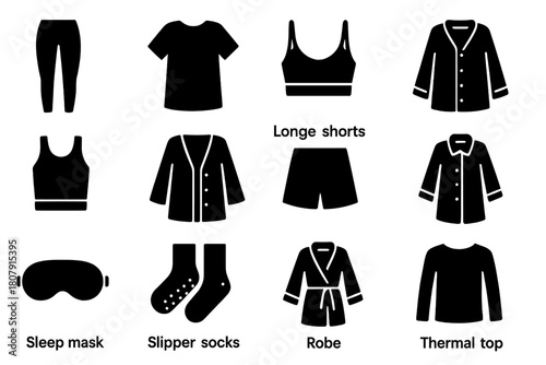 Seamless Loungewear Icons. Seamless Loungewear. Solid icon set of Seamless Loungewear: lounge leggings, oversized tee, longline bralette, lounge shorts, ribbed