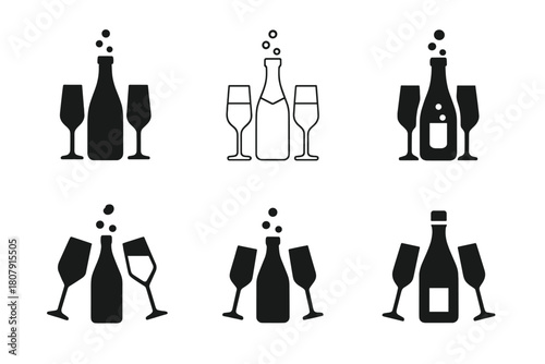 Elegant Alcohol Icons. Alcohol. Icon set. Set Logo of alcohol: champagne bottle and flutes. harmonious logo variations of the same emblematic concept, each