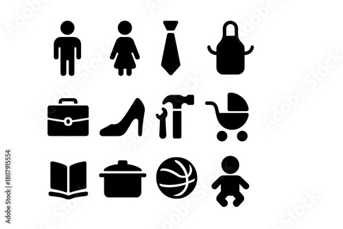 Societal Icons Grid. Societal Expectations. Solid icon set of Societal Expectations: man, woman, tie, apron, briefcase, high heel, tools, baby stroller, school