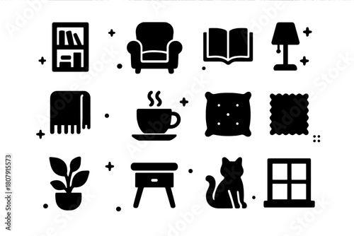 Cozy Reading Icons. Reading Nook. Solid icons set of Reading Nook: armchair, bookshelf, lamp, book, coffee cup, blanket, window, cushion, plant, rug, side